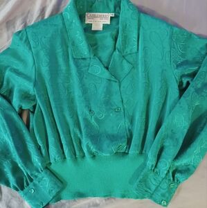 Castleberry womens vintage green paisley satin top size 10 shoulder pads